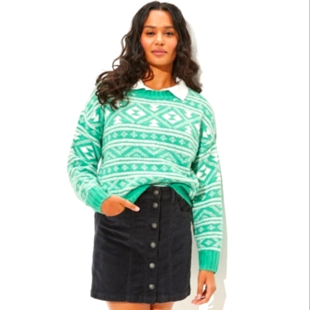 American Eagle Womens Large Fair Isle Snowdrift Green/White Soft Knit Sweater